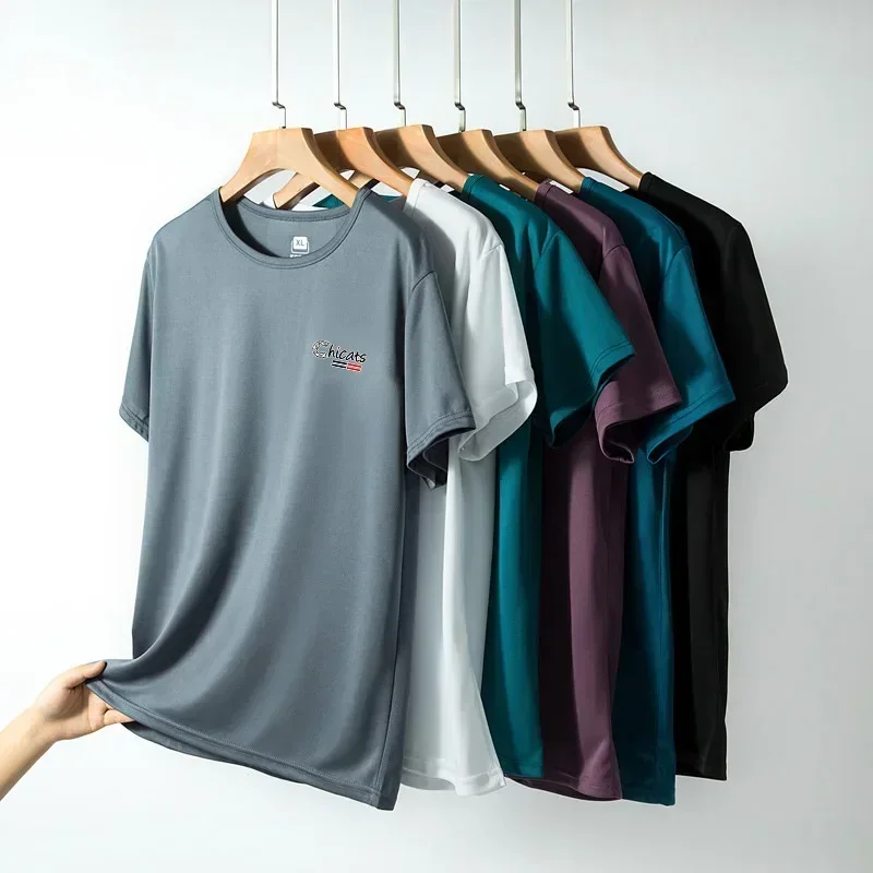 Men's Summer Ice Silk T-Shirt Cold Short Sleeve O-Neck Stretch Quick-Drying Breathable Sports Shirt