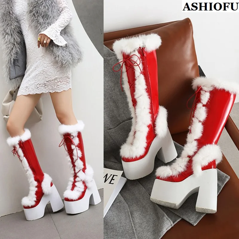 

ASHIOFU New Classic Style Women's Chunky Heel Midcalf Boots Patchwork LeatherFaux-fur Winter Booty Evening Fashion Party Shoes