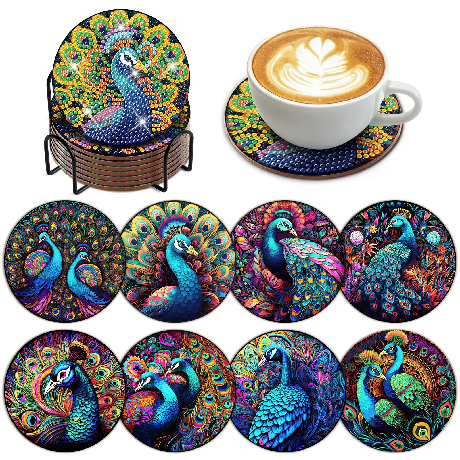 8 PCS Peacock Diamond Art Coasters Peacock Diamond Painting Coasters