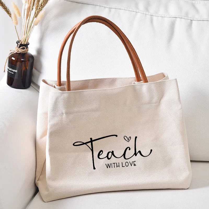 Teacher With Love Printed Teaching Tote Bag Work Bag Gift for Teacher's Day Women Lady Canvas Beach Bag Handbag