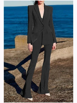 HIGH QUALITY Newest 2022 Runway Designer Suit Set Women's Career Fashion Single Button Blazer Flare Pants Suit 2