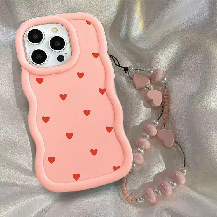 Heart Design Phone Case with Bracelet Chain and Soft Candy Wave Edge