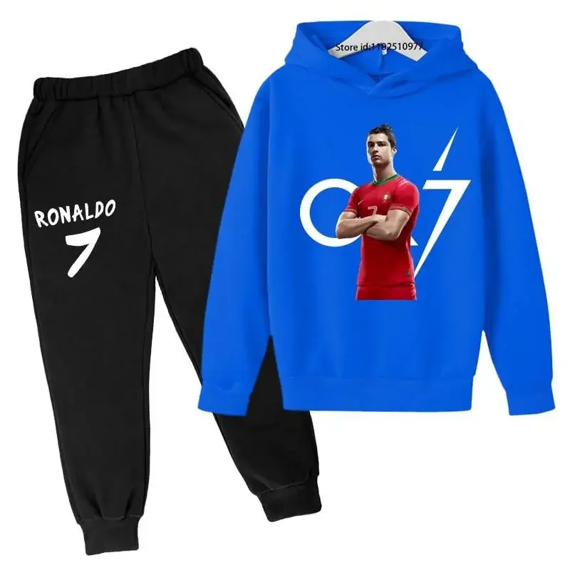 thumbnail image 1 of Conjunto de 2 piezas de sudadera con capucha y pantalones con estampado de ídolo de fútbol Cr7 para niños de 3 a 13 años, ropa informal para bebés, 1 of 5
