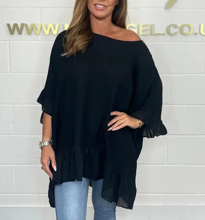 Image of Plus-size women's Blouse ruffled fashion elegant bat sleeve loose solid colour. L-5X