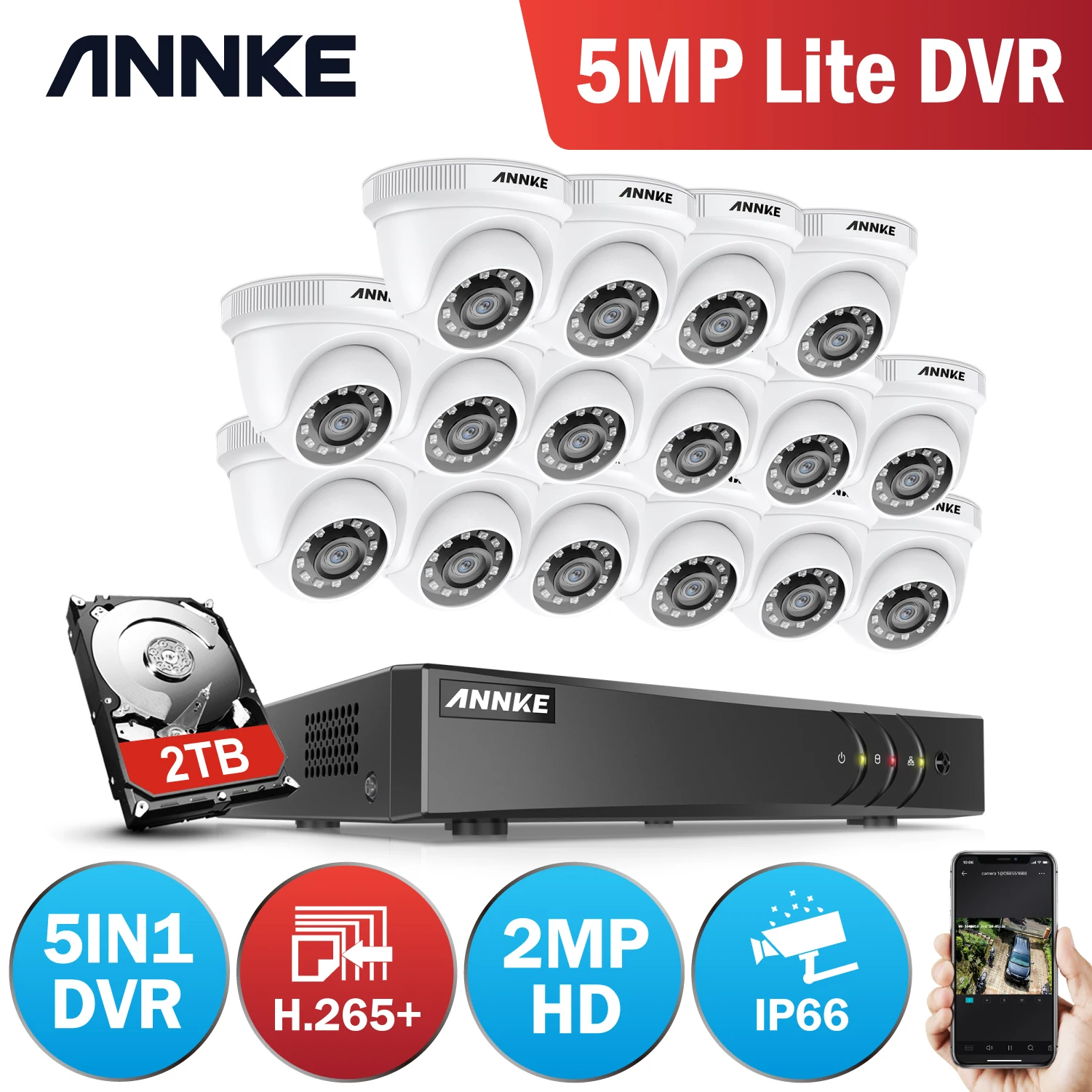

ANNKE 16CH DVR Security Camera System IP66 Waterproof 2.0MP HD-TVI Dome Secur Cameras Video Surveillance Kit Motion Detection