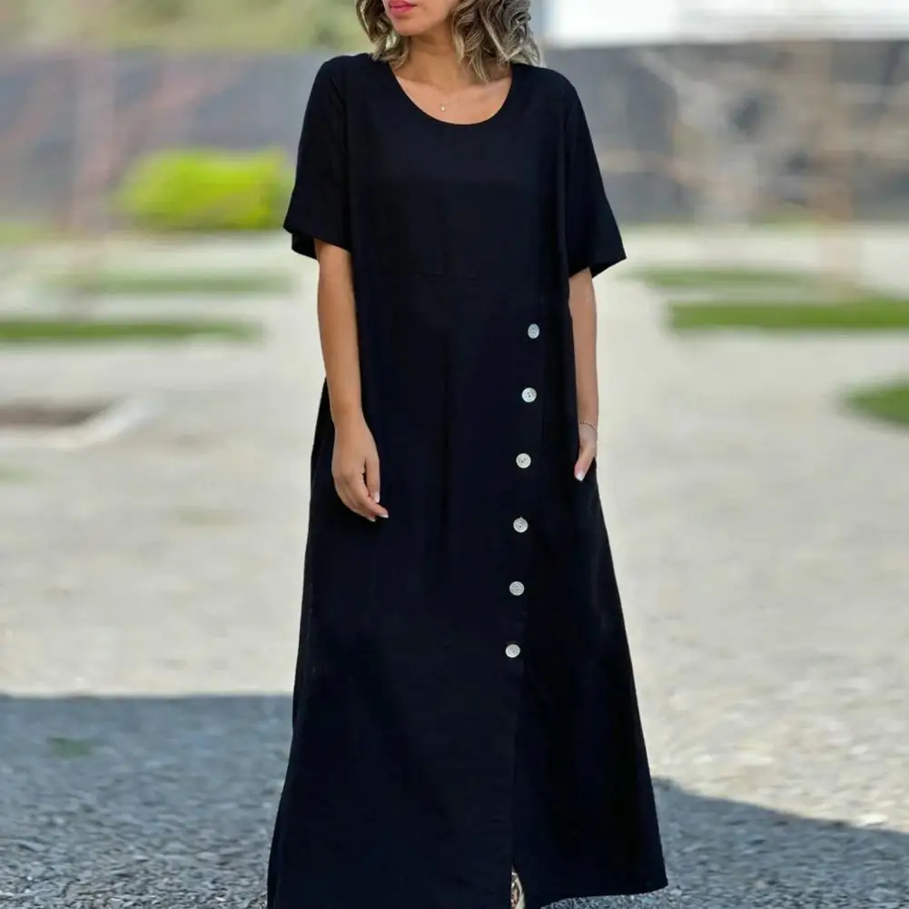 

Round Neck Dress Elegant O Neck Maxi Dress with Button Decor Split Detail Soft Breathable Ankle Length for Women for Commute