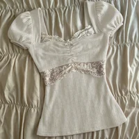 Hauts Y2K Grunge à manches courtes pour femmes, chemise estivale en dentelle patchwork, style coquette, tricot côtelé, coupe ajustée, vêtements esthétiques 6