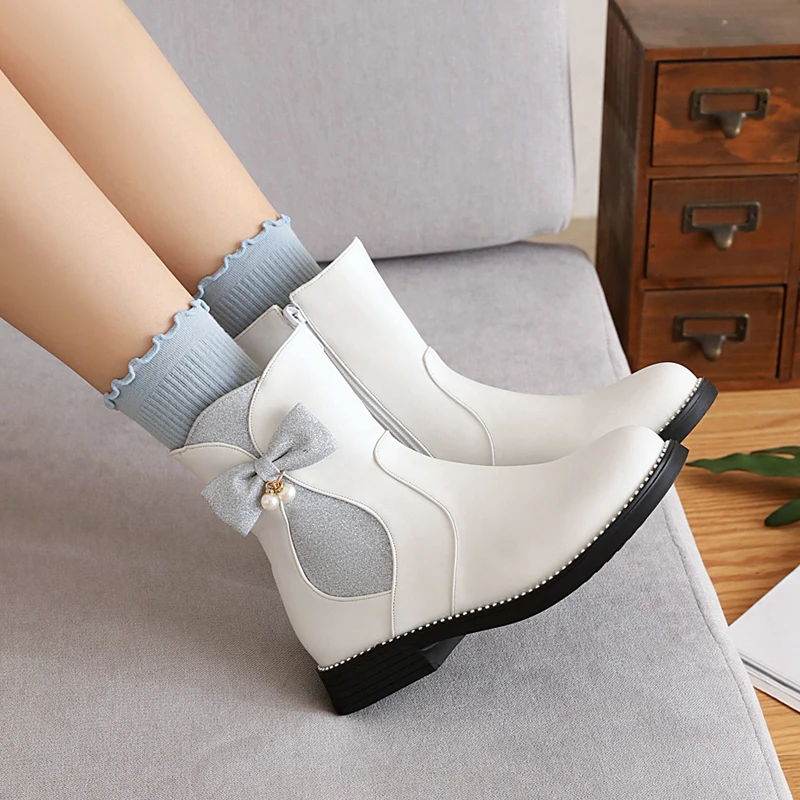

2023 Autumn And Winter New Side Zipper Ankle Boots Flat Heel Pink Boots Princess Shoes