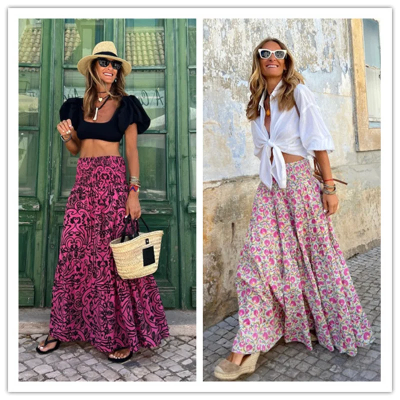 

Maxi Vintage Casual Long Skirt 2023 New Spring Summer Women Polyester Skirts Streetwear Lupe Longue Jupe Femme Falda Mujer Pink