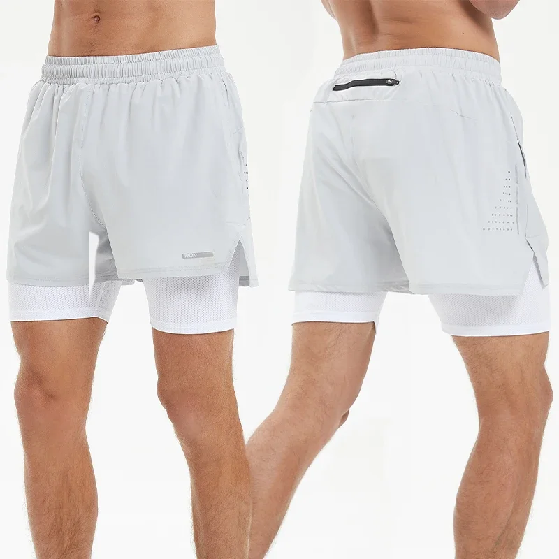 Men Summer Swim Shorts Sportswear 2 in 1 Compression Jogging Short Beach Casual Pants Double-deck Bottoms with Zipper Pockets 5