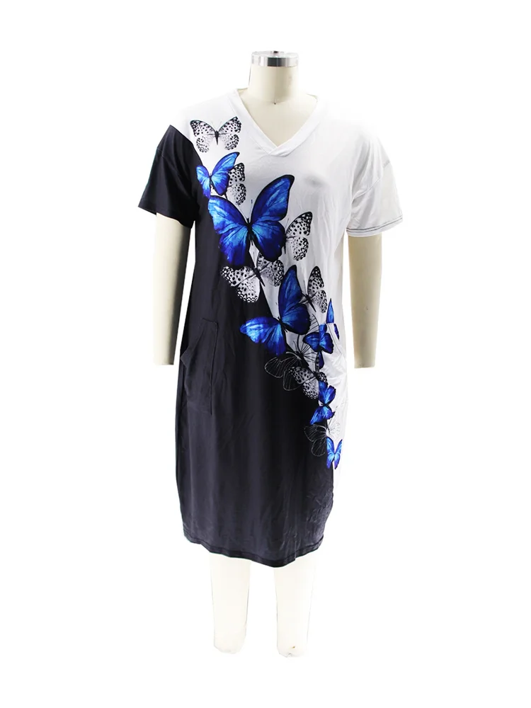 Wmstar Plus Size  Dresses for Women 2025 Loose V Neck Print Tie Dye Patchwork Summer Clothes Midi Dresses Wholesale Dropshipping