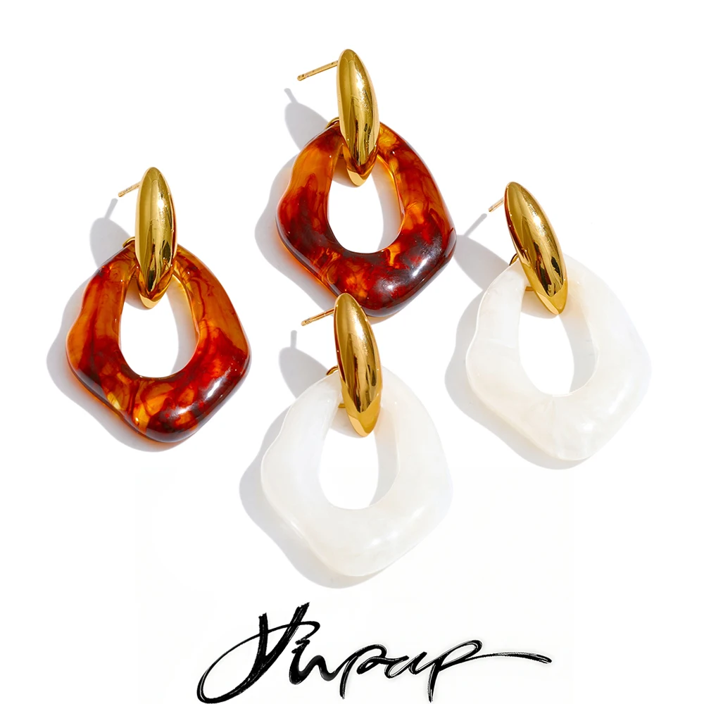 Yhpup Geometric Drop Earrings 18K Golden Plated Stainless Steel Amber White