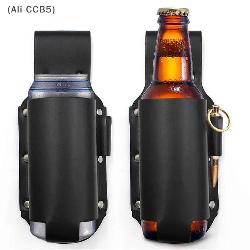 Men's Outdoor Hiking Leather Can Beer Sleeve Waist Bag Drink Bottle Protector Cup Holder Belt Bag