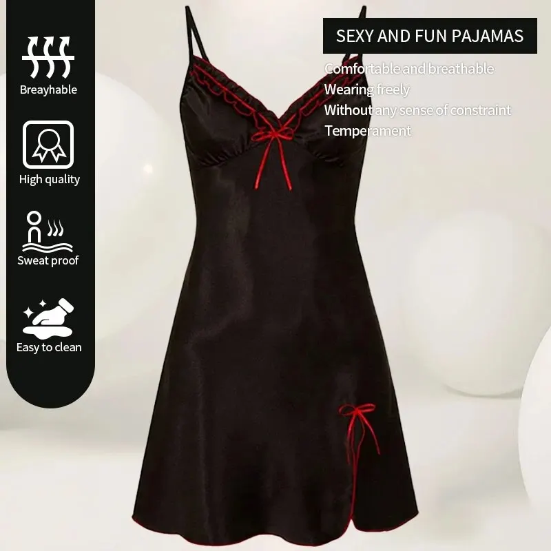 Women Nightgowns Summer Women Suspender Lace Sexy V-Neck Lace Hem Slightly Slit Dress Pajamas