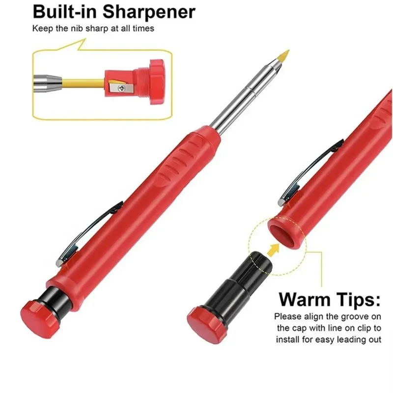 Temperamatite incorporato da 2,8 mm Matita da carpentiere solida Matita meccanica a testa lunga Strumento multifunzionale per marcatura di fori profondi per la lavorazione del legno - immagine 5
