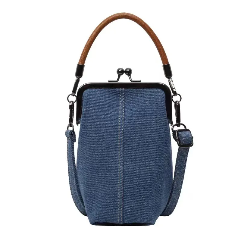 Denim Kiss Lock Mini Bag with Retro Metal Clasp, Trendy & Versatile for Daily Outings, Casual Looks with Classic Blue Texture