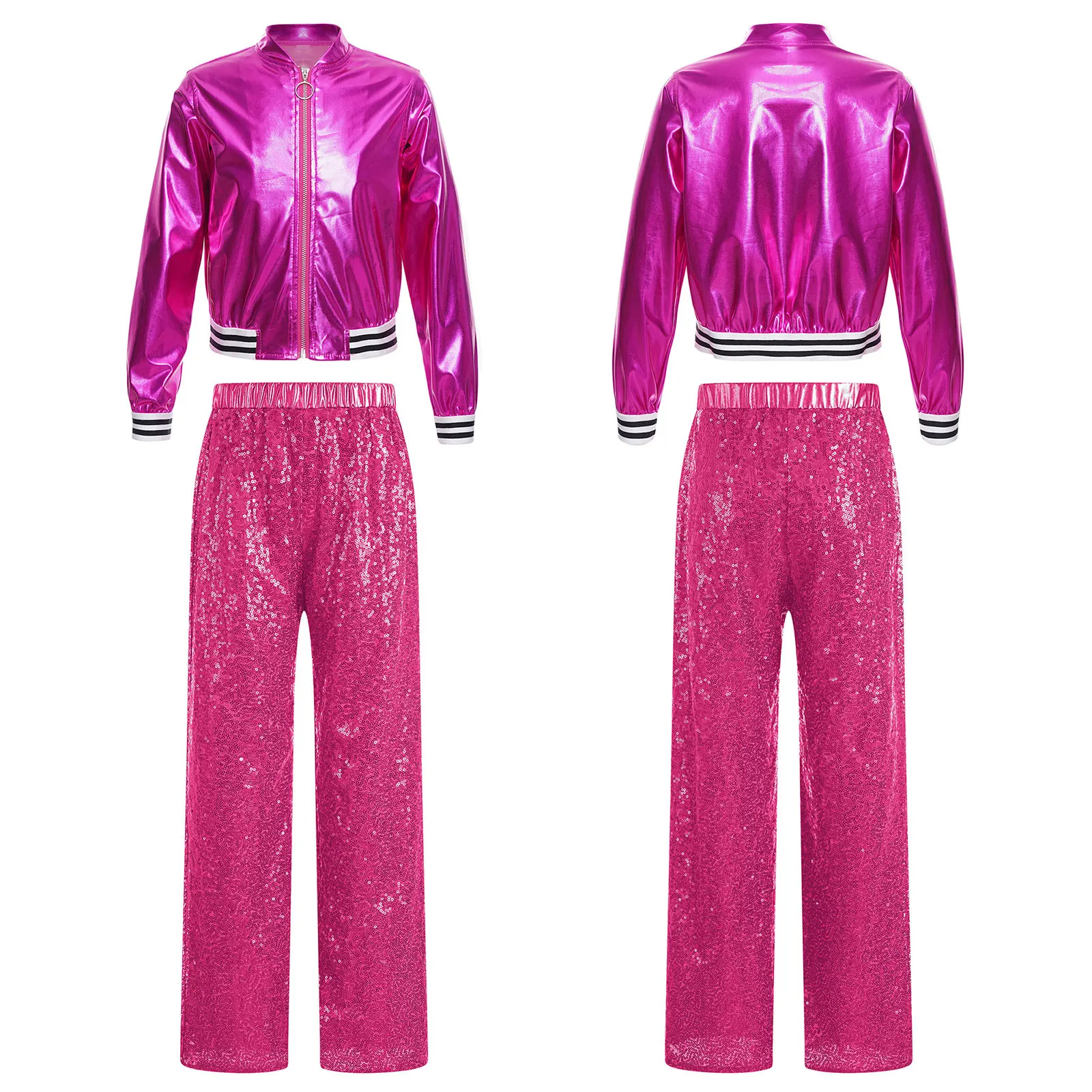 Kids Girls Jazz Dance Metallic Zipper Long Sleeve Jacket with Sparkling Sequin Pants for Party Stage Performance School Show