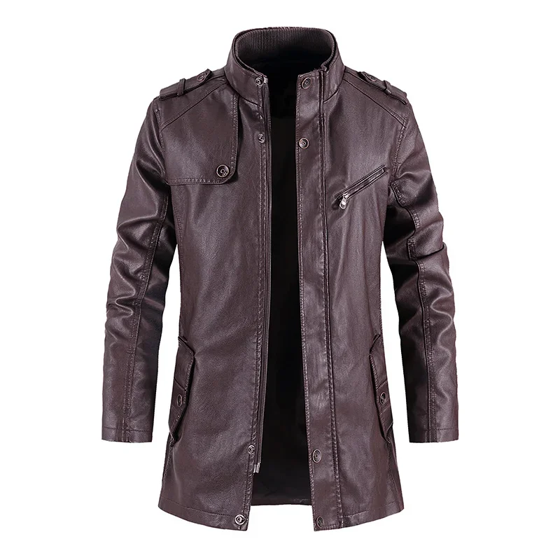 New Men's Leather Jacket Autumn/winter Motorcycle Slim Fit PU Long Leather Coat Bicycle Stand Collar Fashionable Men's Warm Coat