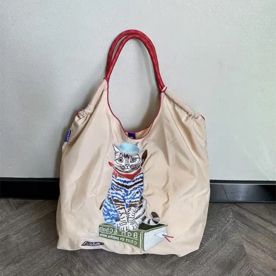 Designer Cat Embroidery Women Shoulder Bag Nylon Eco Bags for Women Handbags Large Recycle Shopper Tote Ball Drawstring Bag Chic
