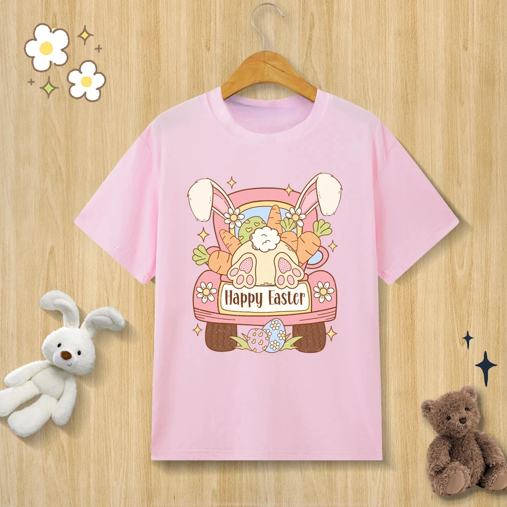 thumbnail image 1 of Camiseta de algodón puro para niños, camiseta con estampado de huevo de conejito de Pascua feliz, camiseta de manga corta con cuello redondo, ropa para niños, camiseta para bebés, ropa para niñas, 1 of 5