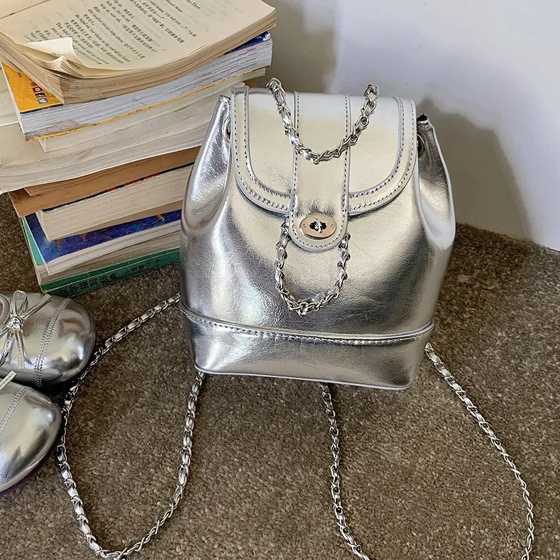 

Модный серебристый женский рюкзак с цепочкой, дизайнерская сумка на плечо из искусственной кожи, школьные ранцы для девочек, дорожный ранец, рюкзак