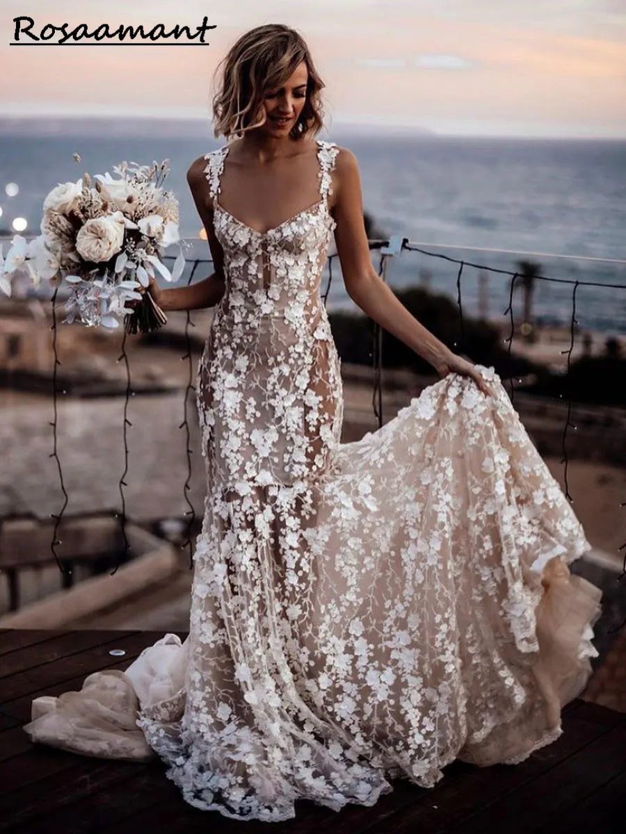 

Boho Lace Wedding Dresses 2023 Sweetheart Spaghetti Straps Bride Dress With Train Custom Made Robe De Mariee
