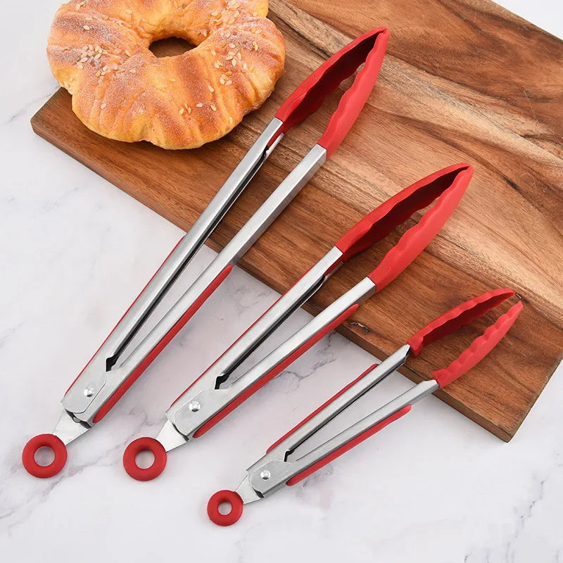 

3 Sizes Silicone Barbecue Clips Stainless Steel Household Food Tongs Bread Steak Clip with Hanging Hole Kitchen Utensil for Home