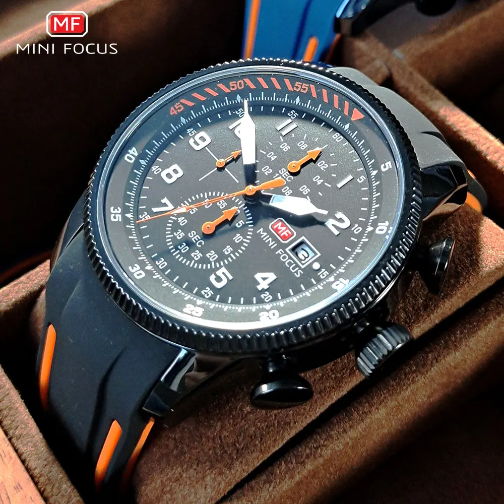 

MINI FOCUS Sport Quartz Watch for Men Fashion Waterproof Chronograph Wristwatch with Blue Silicone Strap Auto Date Luminous 0379