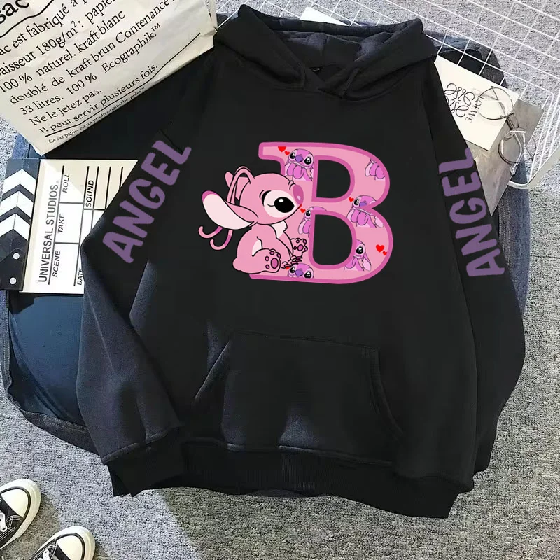 2024 Women's Winter Jacket Cute Kawaii Disney Lilo & Stitch Lucky Letter Print Black Hoodie Fashion Couple Streetwear Sportswear 2