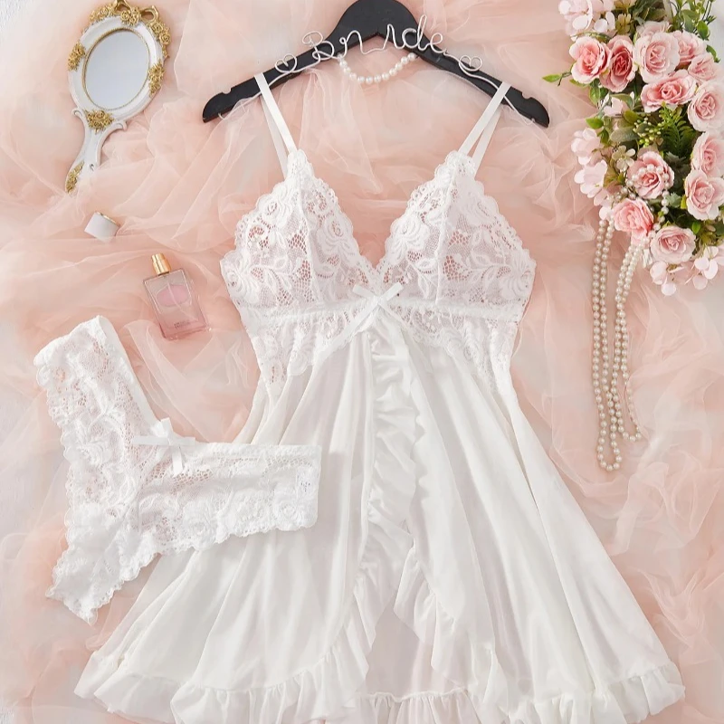 Ensemble de Lingerie Sexy pour femmes, soutien-gorge érotique, chemise de nuit, vêtements de nuit en dentelle, couleur unie, Slim, robes douces, col en V, Slip complet, vêtements de nuit et robes