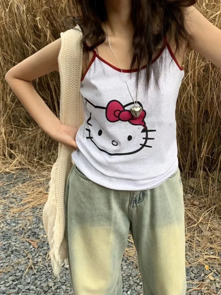 

Sanrio Hello Kitty Women's Cartoon Tank Top Summer Vest Camisole Y2k Street Shoot Sexy Hottie Sleeveless Women's Tops Gray