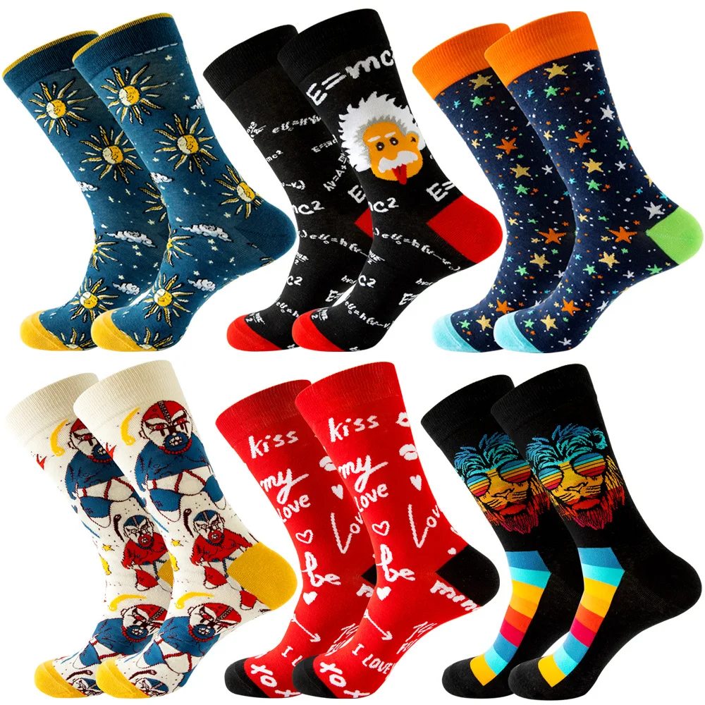 

Cotton Socks Men New Crazy Einstein Sun Couple Love Star Lion Mexico Funny Skateboard Crew Socks