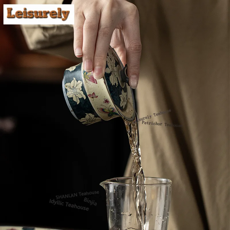 125ML Hand Painted Butterfly Lily Caramel Glaze Gaiwan Luxury Tea Tureen Tea Bowl With Lid Kit Tea Maker Cover Bowl Teaset Craft