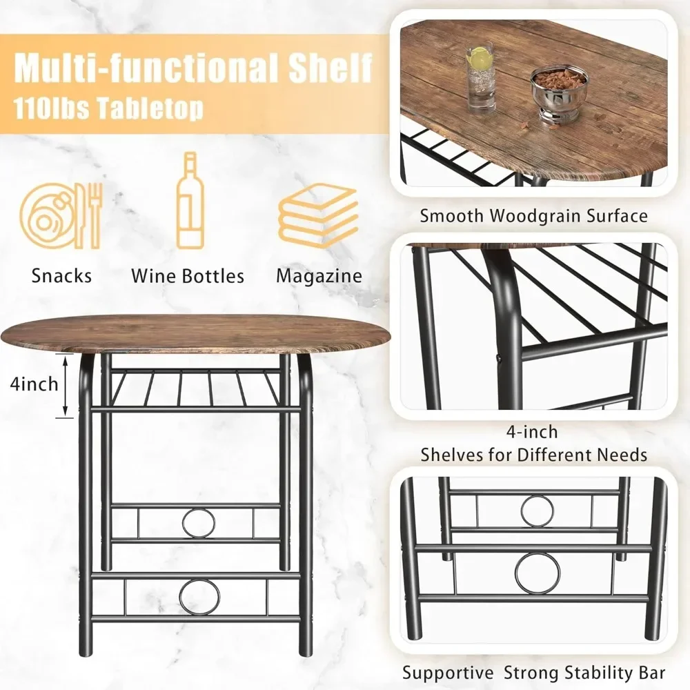 3-Piece Wooden Round Table & Chair Set, Space Saving Kitchen Breakfast Nook Wood Grain Tabletop with Metal Frame and Built-in W