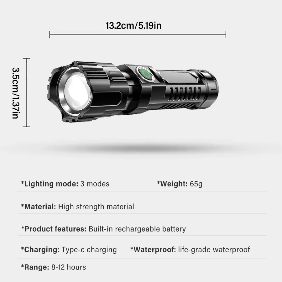강력한 LED 손전등 USB C 충전식 줌 가능 서치라이트 3가지 모드 휴대용 손전등 (야외 캠핑, 사냥용)