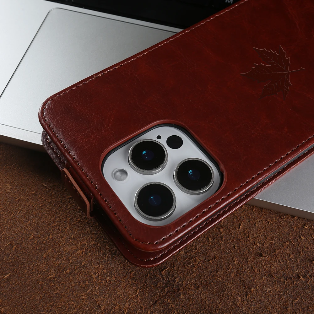 Elegant Maple Leaf Leather Phone Case with Card Slot - Front & Back Cover