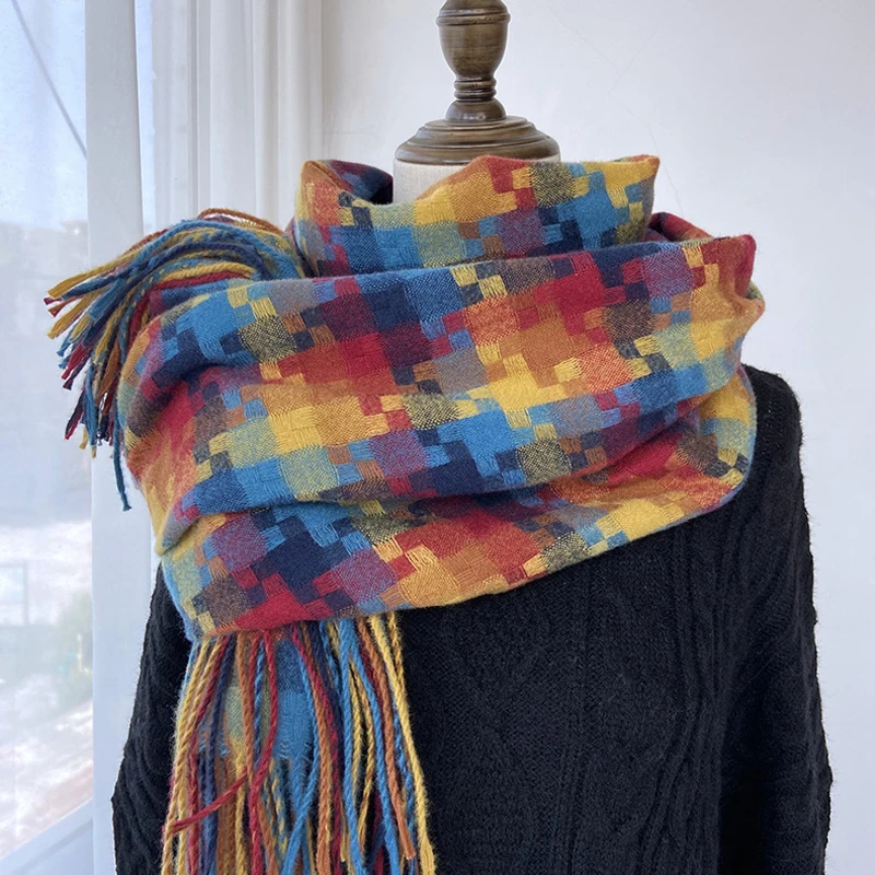 

MoriBty Winter Rainbow Plaid Scarf Women Luxury Design Imitation Cashmere Colorful Shawl Wraps Warm Pashmina Hijab Bandanas 2022