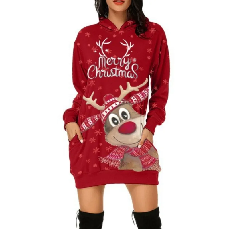 

Christmas Women's Casual Elk Print Long Sleeve Pocket Hoodie Loose Dress Female Clothing New Autumn Woman Sexy Pullover Dresses