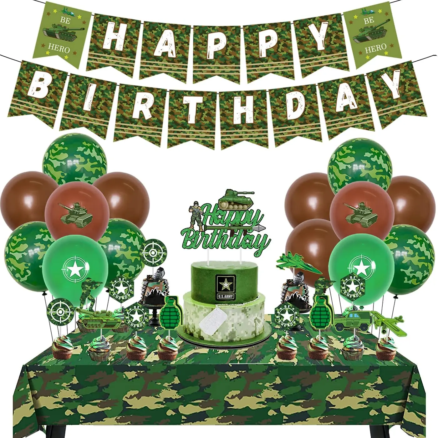 

Camo Birthday Party Decorations Camouflage Birthday Banner Balloons Cake Toppers for Military Soldier Army Themed Party Supplies