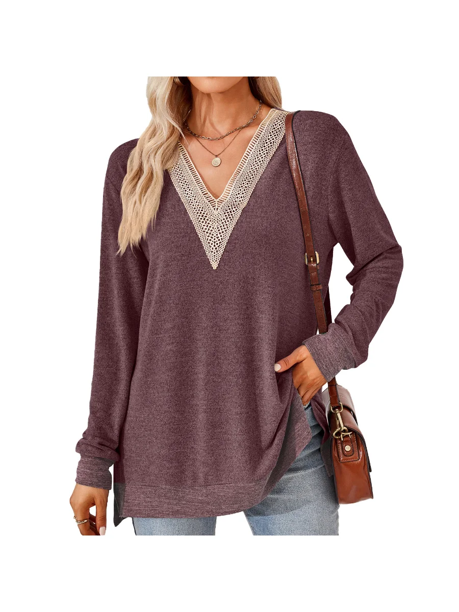

Women Long Sleeve V Neck Lace Solid Loose Split T-shirt Tops