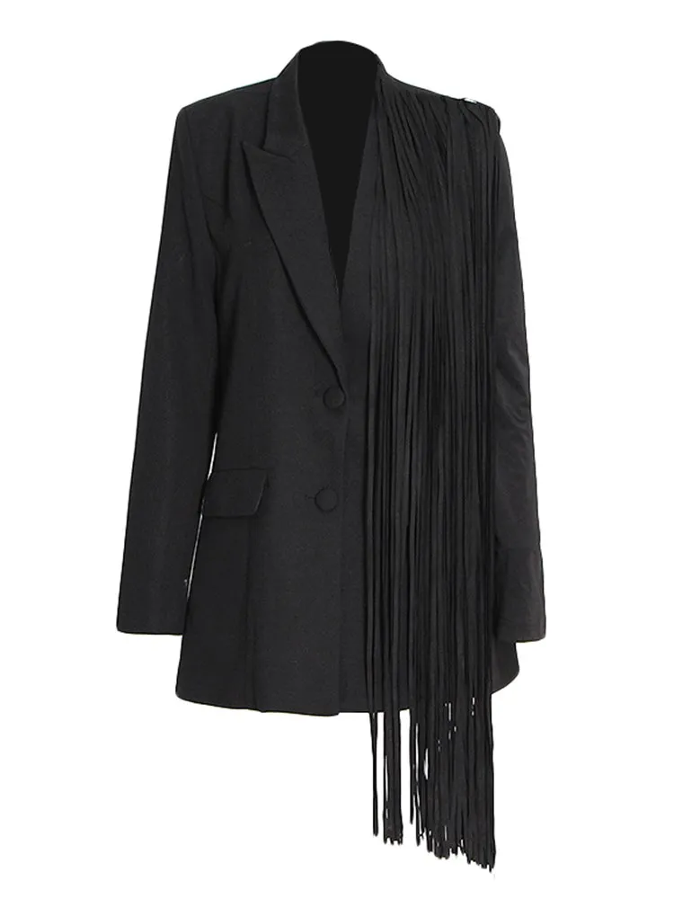 KBQ Spliced Tassel Casual Blazer For Women Notched Collar Long Sleeve Single Breasted Loose Solid Blazers Female Autumn Fashion