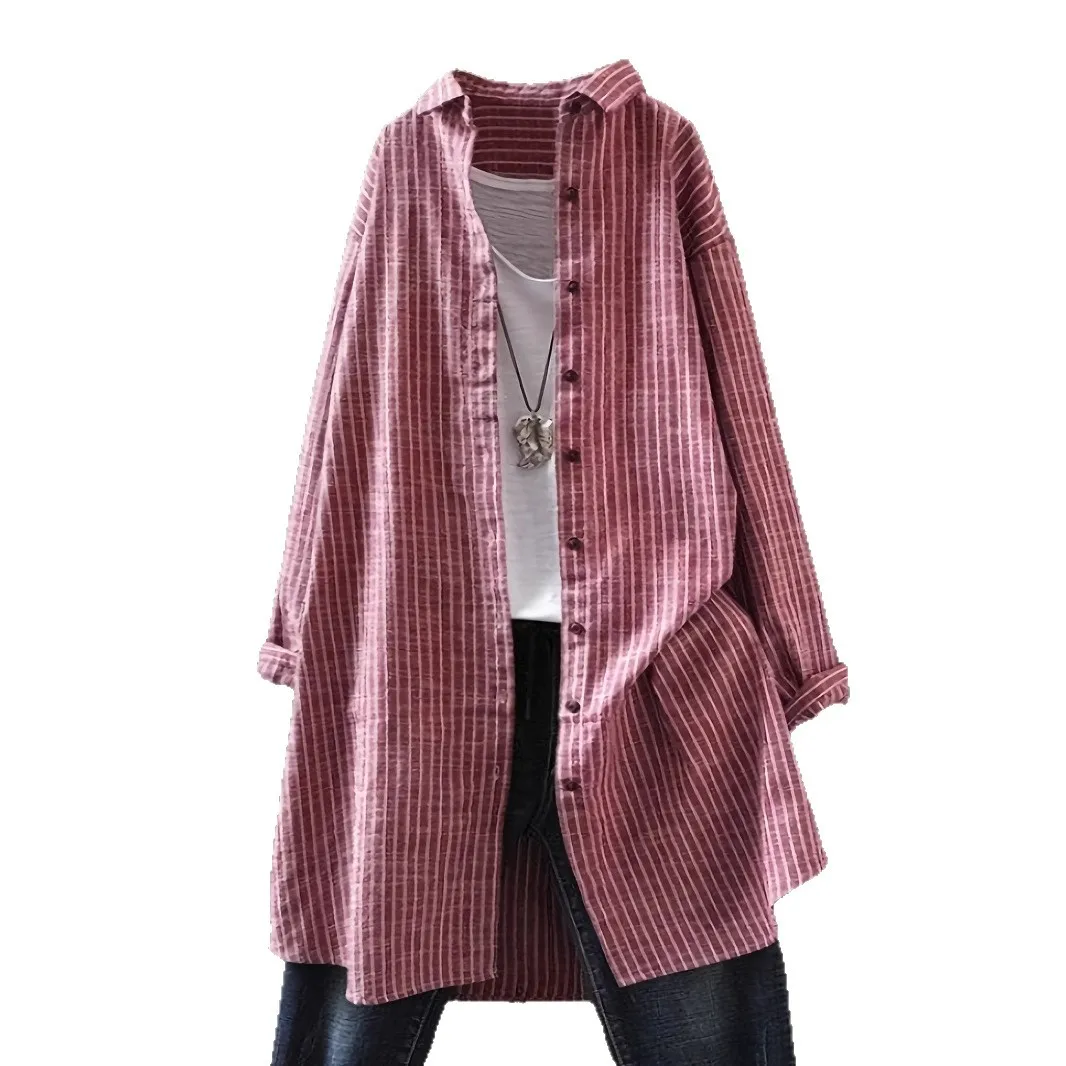 Women Striped Blouse Shirt Loose Fit Long Lantern Sleeve