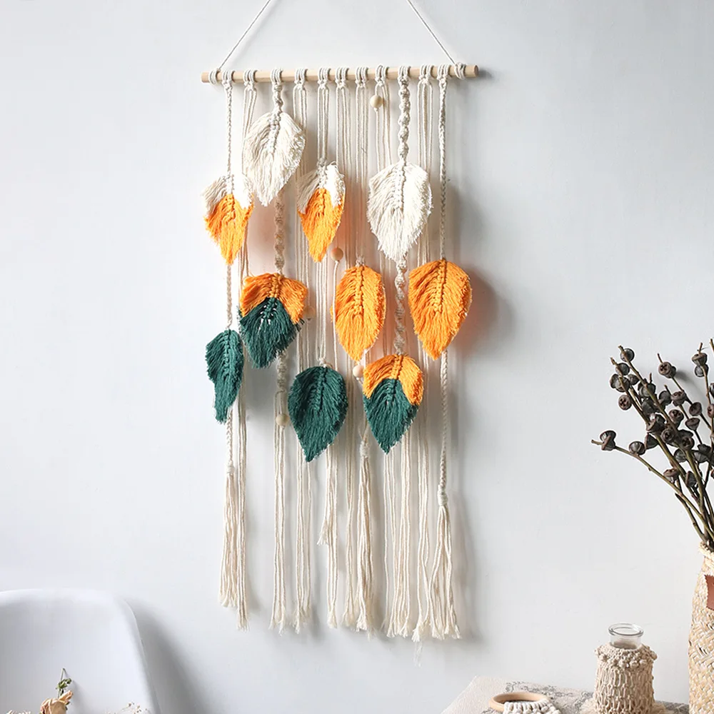 

Wall Hanging Macrame Nordic Handmade Woven Feather Leaf Tapestry Handcrafts Wall Decoration Bohemian Art Tapestry Pendant