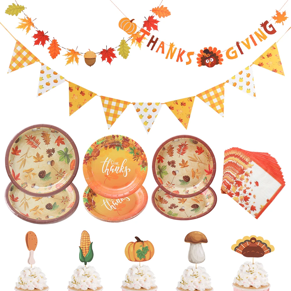 Thanksgiving Day Theme Disposable Tableware Maple Leaf Pumpkin Paper Plates Napkins Autumn Birthday Family Party Wedding Decor