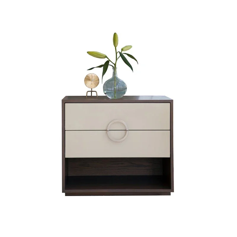 Wooden veneer two drawers bedside table cabinet