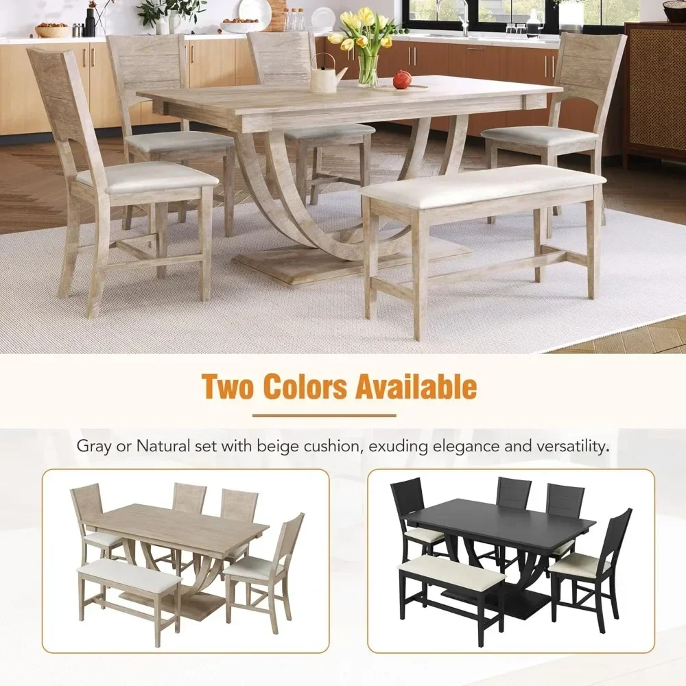 Dining Table Set for 6, Wood Kitchen Table Set with Half Round Base, 4 Upholstered Chairs and Bench, Dining Room Sets 4
