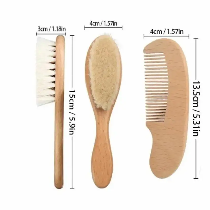 2 Pcs Newborn Wool Baby Wooden Brush Comb Newborn Hair Brush Infant Head Massager Portable Comb Hair Bath Brush Comb