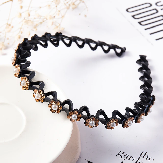 Fashion Pearl Non-Slip Rhinestone Hairbands Elastic Flower Women Hair Hoop Bands Headband Bezel Girls Hair Accessories Headdress champagne pearl