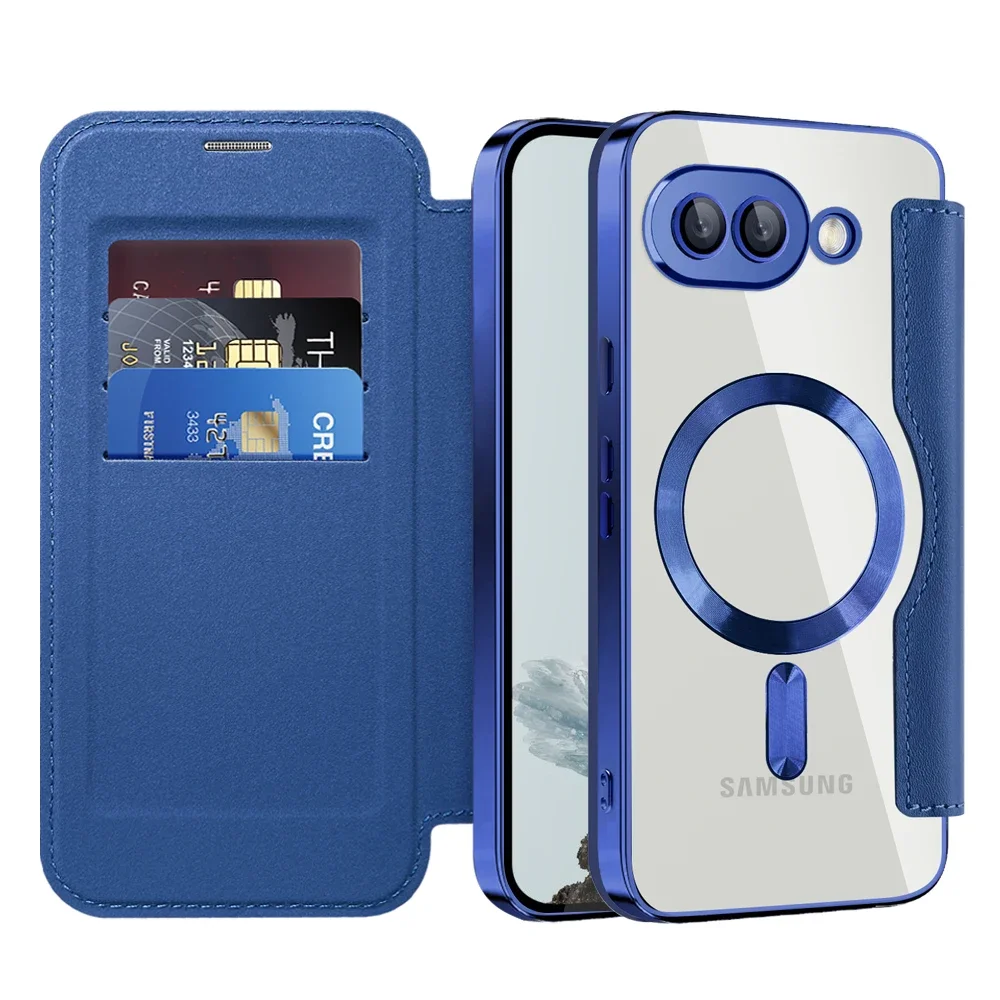 Luxury Transparent Flip Leather Wallet Magnetic Phone Case with Card Slot and Magsafe Cover