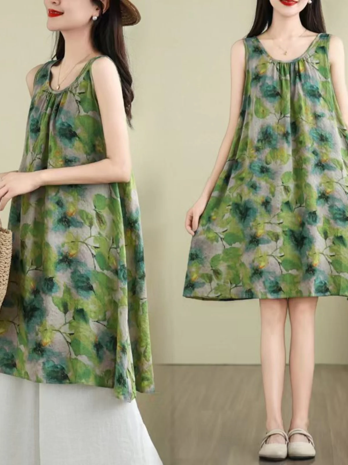 Loose Cotton Linen Printed Summer Dr Women's plus Size round Ne Svel Vest Dr Midi Skirt Sle Vintage Faion